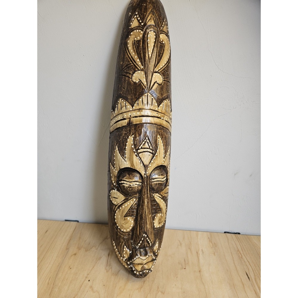 Indonesian Carved Wooden Tribal Mask 19" Brown Wall Hanging Decor Art